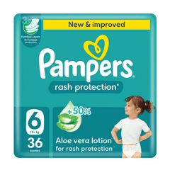 Pampers (6) Extra Large 13+ Kg 36 Diapers
بامبرز لوشن الصبار (6) +13 كيلو 36 حفاضة