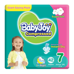 Baby Joy Compressed 3XL (7) +18 Kg Giant Saving Pack 42 Diapers
بيبي جوي مضغوطة 3 إكس لارج (7) +18 كيلو عبوة التوفير الضخمة 42 حفاض