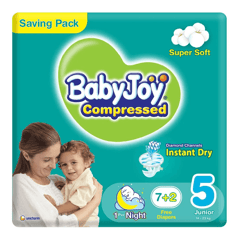  Baby Joy Compressed Junior (5) 14-23 Kg Saving Pack (7+2 Free) 9 Diapers
بيبي جوي مضغوطة كبير جداً (5) 14-23 كيلو عبوة التوفير (7+2 مجاناً) 9 حفاض