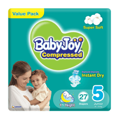  Baby Joy Compressed Junior (5) 14-23 Kg Value Pack 27 Diapers
بيبي جوي مضغوطة كبير جداً (5) 14-23 كيلو عبوة إقتصادية 27 حفاض