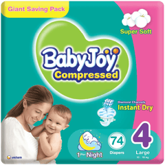 Baby Joy Compressed Large (4) 10-18 Kg Giant Saving Pack 74 Diapers
