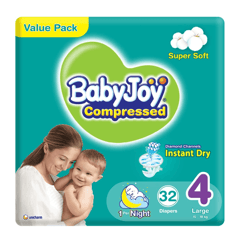 Baby Joy Compressed Large (4) 10-18 Kg Value Pack 32 Diapers
بيبي جوي مضغوطة كبير (4) 10-18 كيلو عبوة إقتصادية 32 حفاض