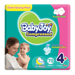 Baby Joy Compressed Large Plus (4+) 12-21 Kg Giant Pack 70 Diapers
بيبي جوي مضغوطة كبير أكثر إمتصاصاً (+4) 12-21 كيلو عبوة التوفير 70 حفاض