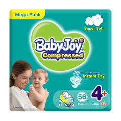  Baby Joy Compressed Large Plus (4+) Mega Pack 56 Diapers
بيبي جوي مضغوطة كبير أكثر إمتصاصاً (+4) 12-21 كيلو عبوة ميجا 56 حفاض