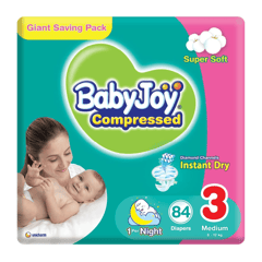 Baby Joy Compressed Medium (3) 6-12 Kg Giant Pack 84 Diapers
بيبي جوي مضغوطة وسط (3) 6-12 كيلو عبوة التوفير 84 حفاض