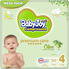 Baby Joy Compressed Olive Large (4) 10-18 Kg Mega Pack 50 Diapers
بيبي جوي مضغوطة بزيت الزيتون كبير (4) 10-18 كيلو عبوة ميجا 50 حفاض