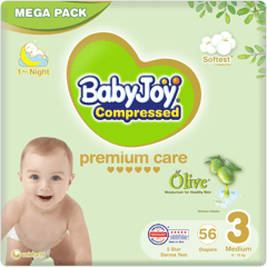 Baby Joy Compressed Olive Medium (3) 6-12 Kg Mega Pack 56 Diapers