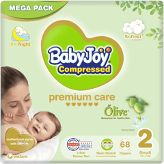 Baby Joy Compressed Olive Small (2) 3.5-7 Kg Mega Pack 68 Diapers