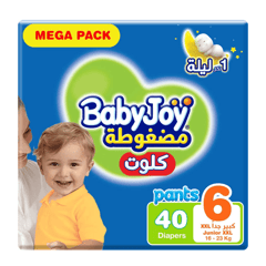 Baby Joy Compressed Pants 2XL (6) Junior Mega Pack 40 Diapers
بيبي جوي مضغوطة كلوت كبير جداً (6) 16-23 كيلو عبوة ميجا 40 حفاض