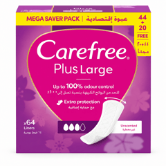 Carefree Large Plus Unscented 44+20 Free Feminine Napkins
كيرفري فوط صحية حجم كبير غير معطرة 40+22 فوطة مجاناً