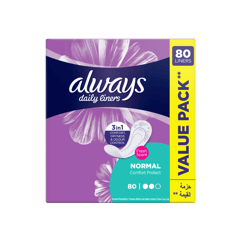 Always Daily Liners Comfort Protect Normal Fresh Scent 80 Count
اولويز فوط يومية تحمي براحة ومرونة برائحة منعشة، 80 فوطة
