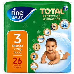 Fine Baby Total Protection & Comfort Medium (3) 4-9 Kg 26 Diapers
فاين بيبي حماية وراحة متكاملة وسط (3) 4-9 كيلو 26 حفاضة