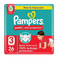 Pampers Pants (3) 6-11 Kg 26 Diapers
بامبرز كلوت لوشن الصبار (3) 6-11 كجم عبوة ضخمة 26 حفاضة