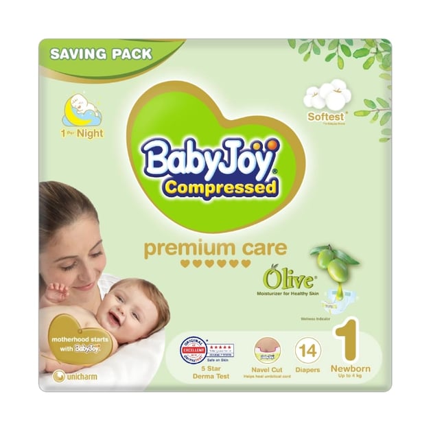 Baby Joy Compressed Olive Newborn (1) Up to 4 Kg Saving Pack 14 Diapers