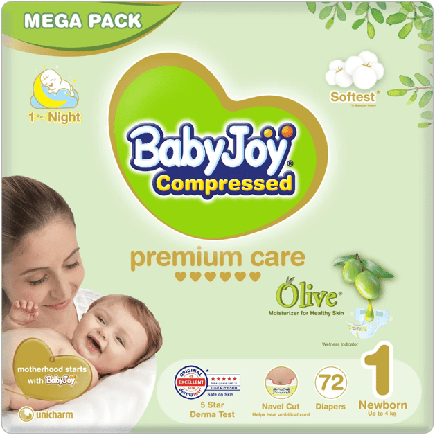 Baby Joy Compressed Olive Newborn (1) Up to 4 Kg Mega Pack 72 Diapers