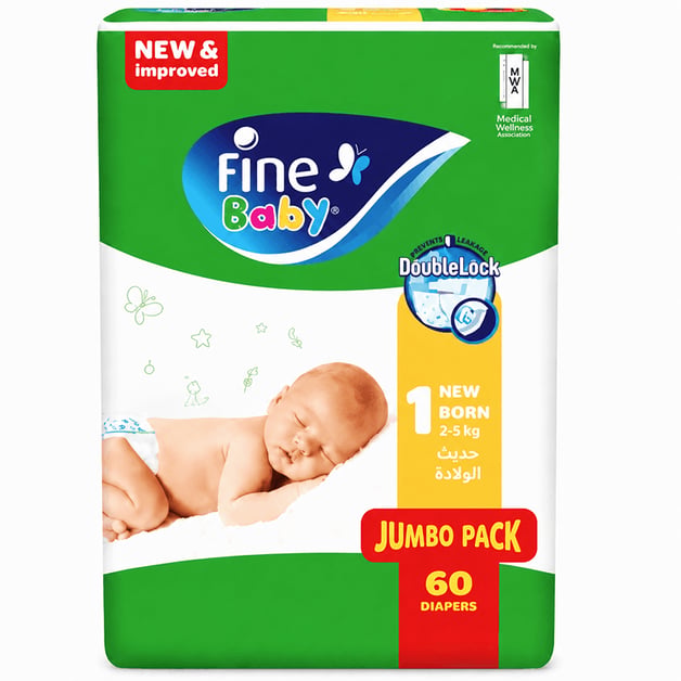Fine Baby Double Lock New Born (1) 2-5 kg Jumbo Pack 60 Diapers